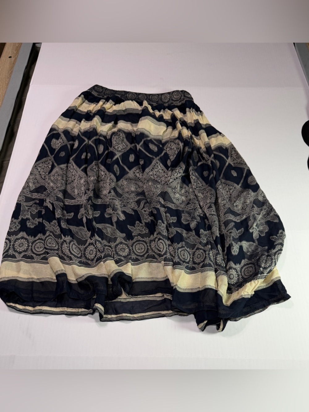 Beymen Boho Midi Skirt Blue Cream Jacquard Floral 27-28 inch waist